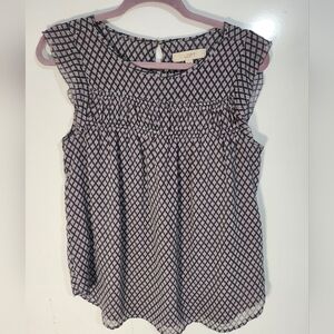 LOFT Black and Lilac Smocked Cap Sleeve Blouse, Size Medium